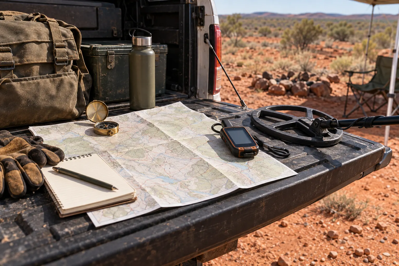Map, compass and permit-planning notebook for responsible Australian gold prospecting