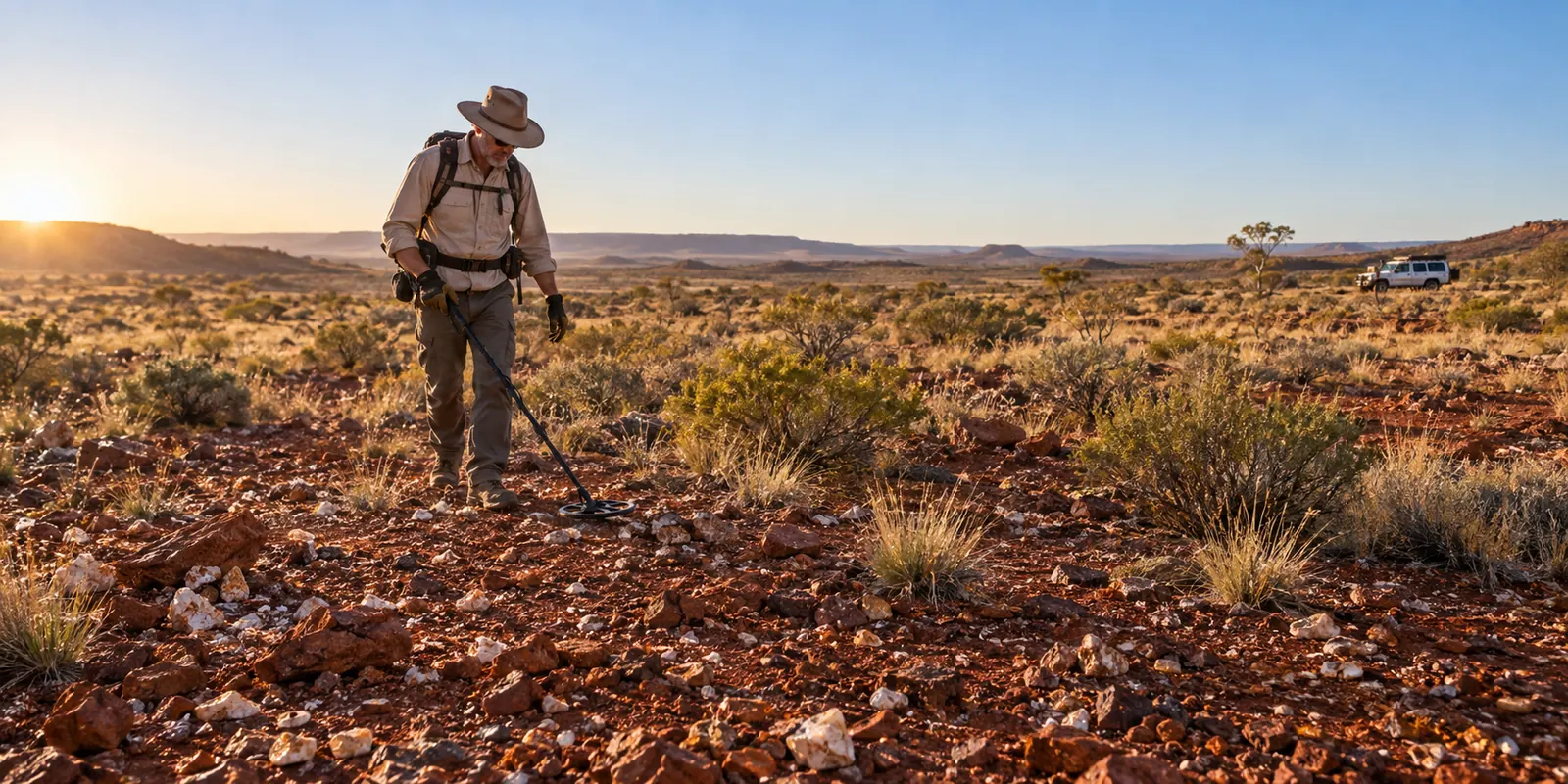 Responsible detector operator sweeping red ironstone ground in an Australian goldfield
