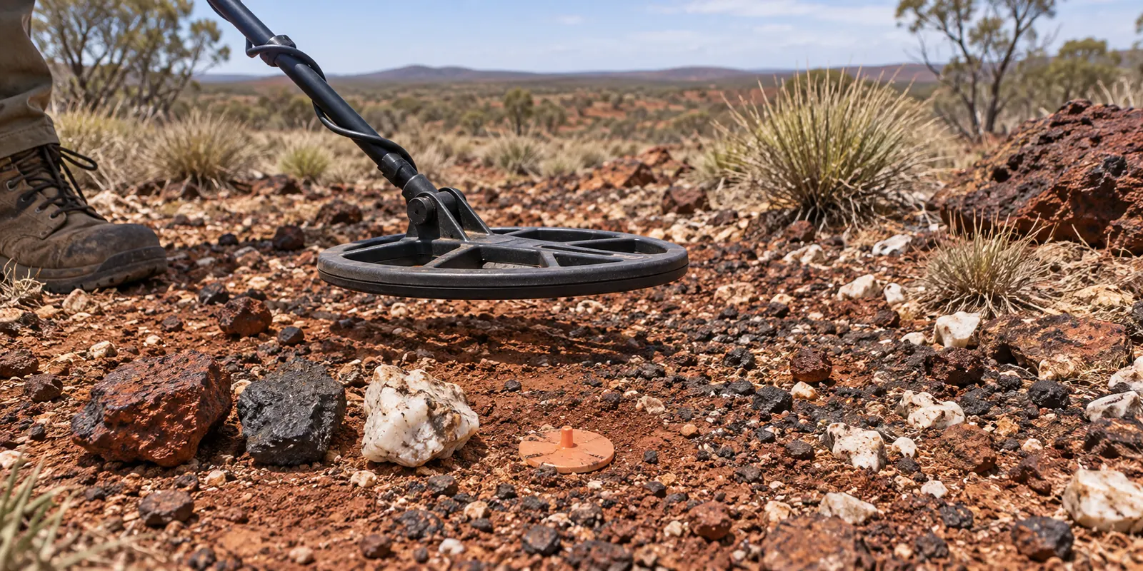 Detector coil above ironstone and hot rocks in red Australian mineralised soil