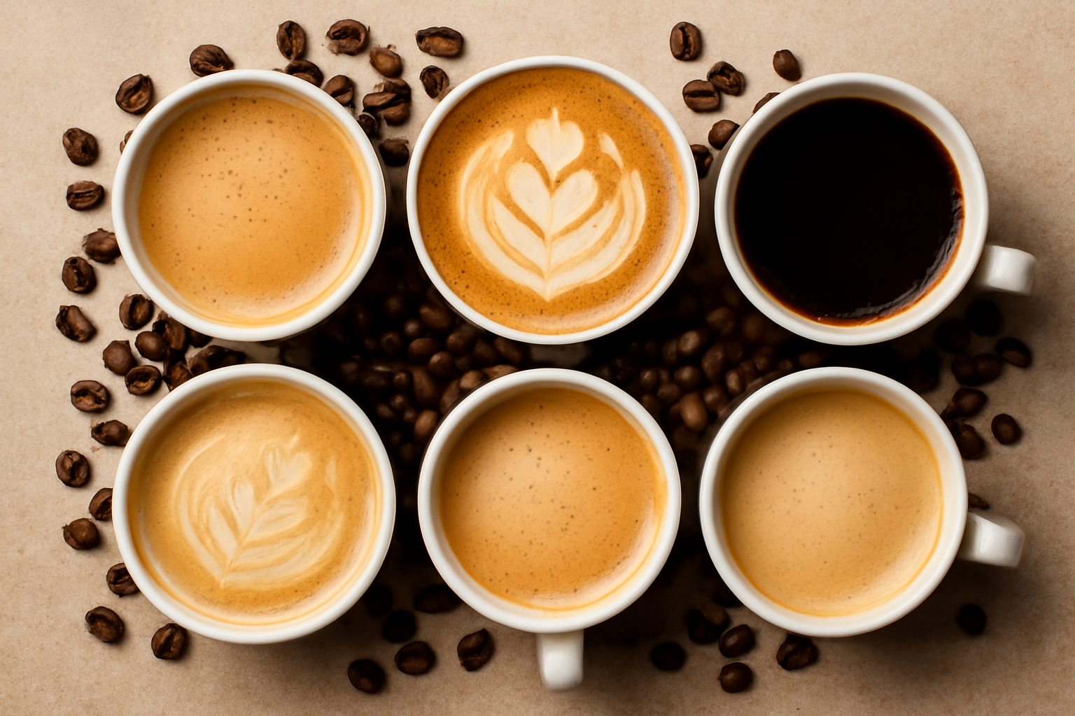 Illustrative overhead scene of several unbranded coffee cups beside coffee beans, with varied drink colours and milk textures suggesting different café coffee styles; no logos or readable text.