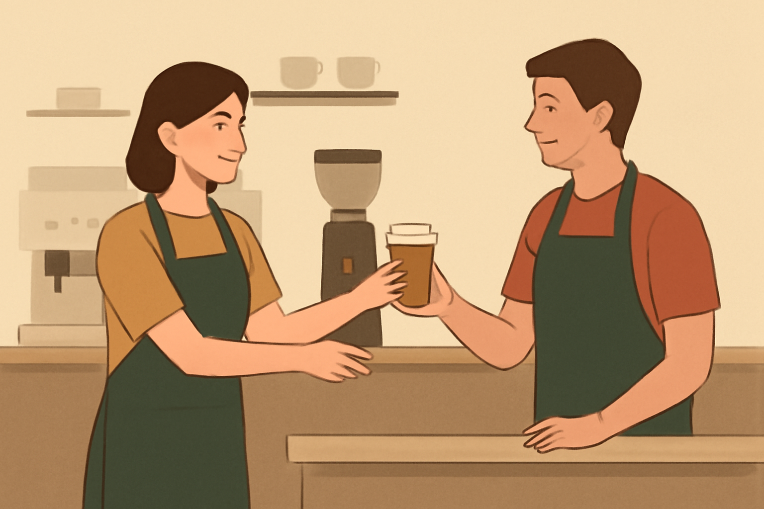 Illustrative café team member passing a prepared drink to a colleague at a separate handover point, with an uncluttered workflow and no logos or written text.