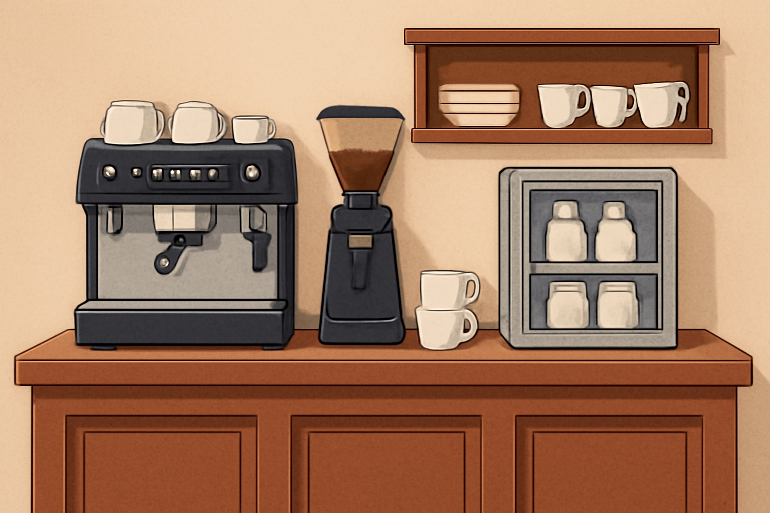 Illustrative café counter layout with an espresso machine, grinder, cups and milk fridge arranged for easy staff access; no logos or written text.