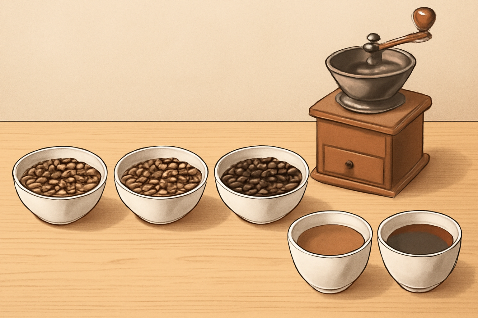 Illustrative comparison scene with plain bowls of whole coffee beans at different roast shades beside a grinder and tasting cups, on a clean wooden table; no labels or logos.