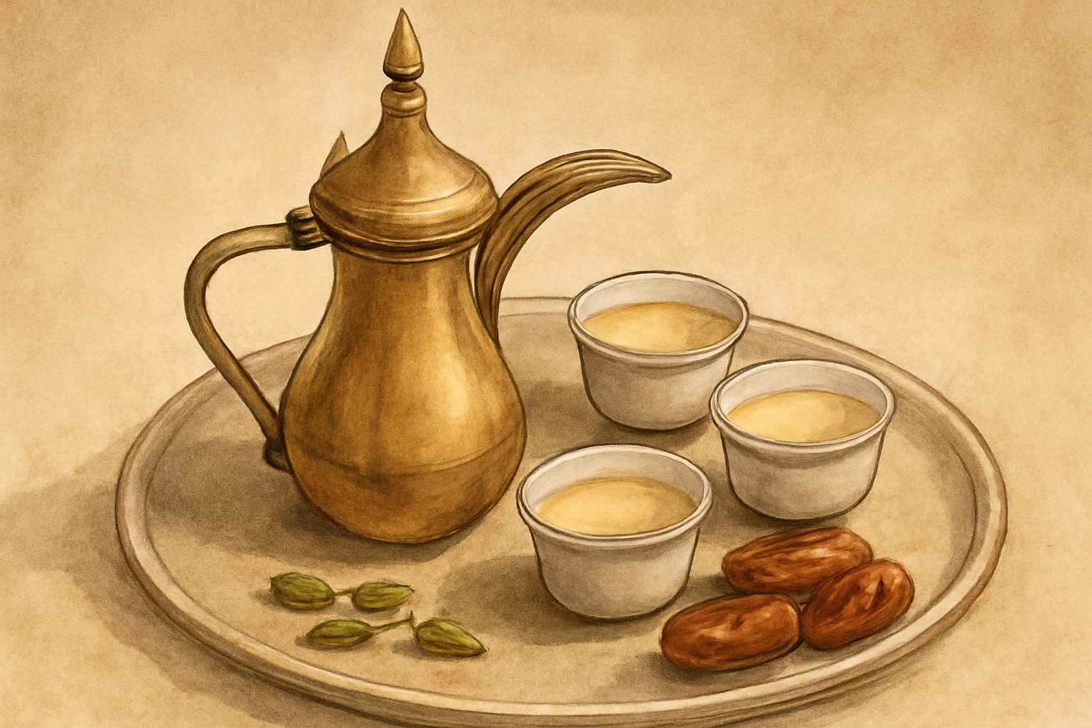 Illustrative close-up of a dallah and small cups of pale Saudi coffee with cardamom and dates on a neutral serving tray; no branding or readable text.