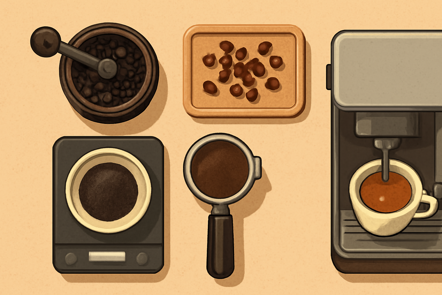 Illustrative top-down view of a coffee station showing a clear sequence from grinding and weighing beans to preparing an espresso; no labels or written text.